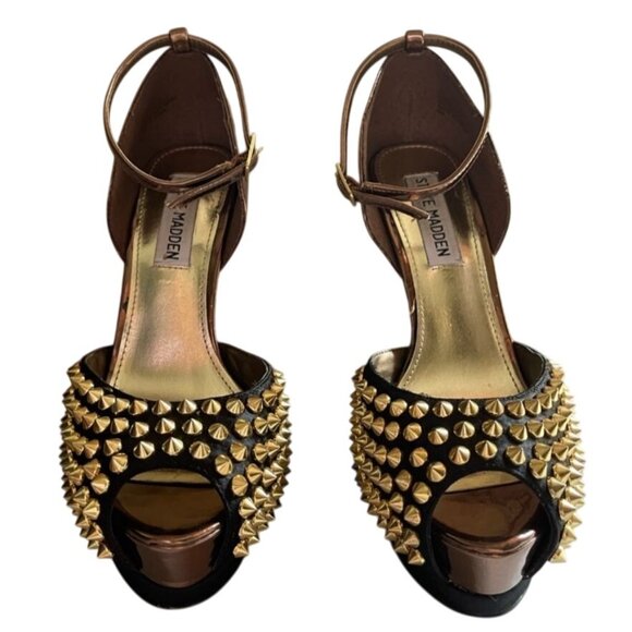 Steve Madden Obstcl-S Black Bronze Studded Peep Toe Heels Gold Spikes Womens 7M - Picture 3 of 8